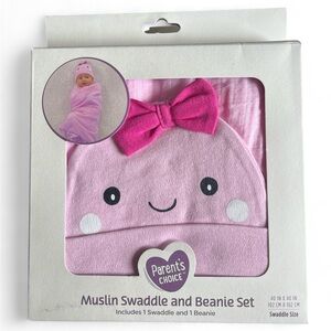 NWT Pink Muslin Swaddle and Beanie Set 100% Cotton